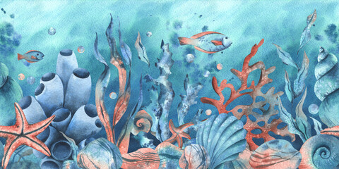 Underwater world clipart with sea animals whale, turtle, octopus, seahorse, starfish, shells, coral and algae. Hand drawn watercolor illustration. Seamless border on a marine background. © NATASHA-CHU