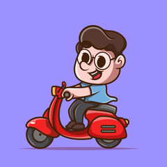 Cute boy riding vespa cartoon icon illustration. Flat design style