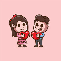 Cute girl and boy holding love cartoon icon illustration. Flat design style