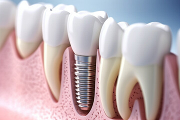 Anatomy of healthy teeth and tooth dental implant in human dentura - obrazy, fototapety, plakaty
