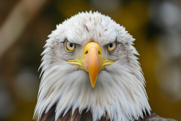 Obraz premium A closeup of a (bald ) sea eagle looking straight into the camera, Bald Eagle X. Bald headed eagle, side profile.