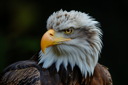 A closeup of a (bald ) sea eagle looking straight into the camera, Bald Eagle X. Bald headed eagle, side profile.
