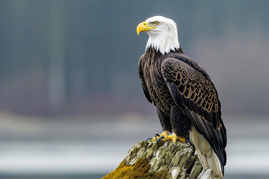 A closeup of a (bald ) sea eagle looking straight into the camera, Bald Eagle X. Bald headed eagle, side profile.