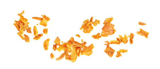 Pile of crispy fried onions isolated on white.  Roasted Onions Top view. Flat lay.
