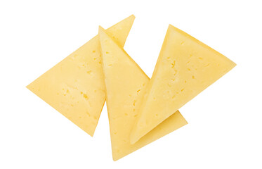 Cheese triangle pieces  isolated on white background.  Swiss cheese slices collection. Top view....