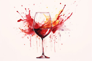 glass of wine isolated on white, watercolour style, splashes of wine around 