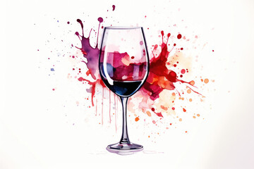 glass of wine isolated on white, watercolour style, splashes of wine around 