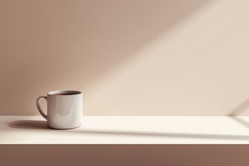 Minimalist banner of beige cup of coffee on beige empty table, beige wall background, side window sunlight, beautiful play of light and shadows	