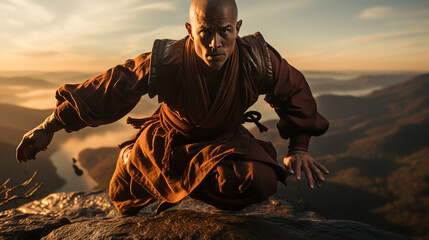 Bald man in traditional clothes on rock pose and meditating during kung fu training in mountain