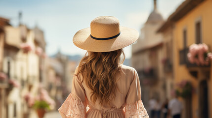 Back view of slender young woman wearing hat and coat walking down street on sunny spring day, heading to city beach to enjoy beautiful sunset. People, lifestyle, travel and vacations concept