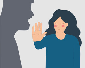Human shadow threats and shout at a woman. Strong female says NO to abuse and bullying. Stop domestic violence and exploitation concept. Vector Stock - obrazy, fototapety, plakaty