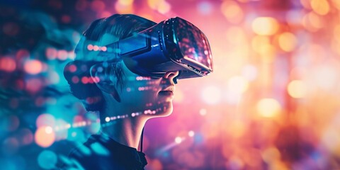 A photo capturing the exciting world of Virtual Reality (VR), showing a person fully immersed in a VR headset, interacting with a digital environment. - obrazy, fototapety, plakaty