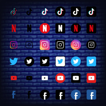 Facebook, instagram, twitter, YouTube, tiktok, netflix logo. Logotype of social networks. Editorial