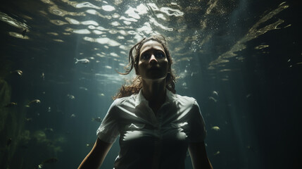Underwater woman portrait in swimming pool. - obrazy, fototapety, plakaty