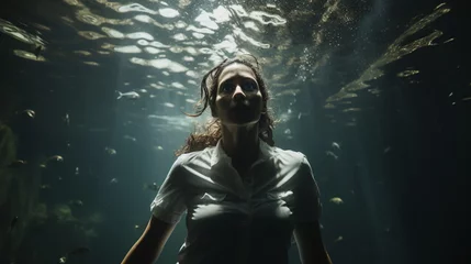 Foto op Aluminium Underwater woman portrait in swimming pool. © alexkich