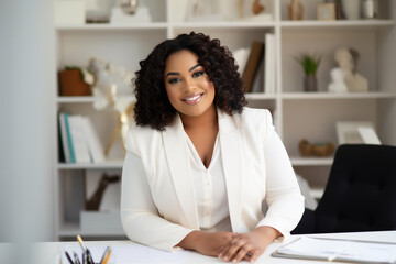 beautiful plump,plus-size,black woman,manager, in light business clothes, sitting at her desk and smiling sweetly in a modern office,diversity concept