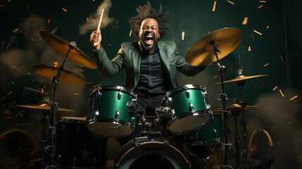 Fototapeta premium Drummer rehearsing on drums before rock concert. Man recording music on drum set in studio