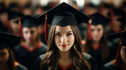 Obraz premium Graduate girl with master degree in black graduation robe and cap happy young woman careerist have success in her business.