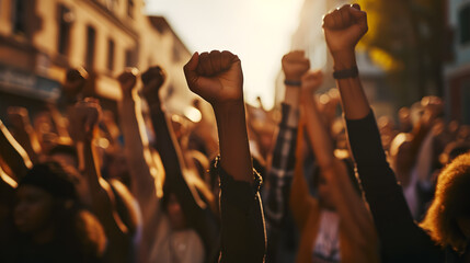 Photo of a group of black people with raised fists as a sign of fighting for their rights - obrazy, fototapety, plakaty