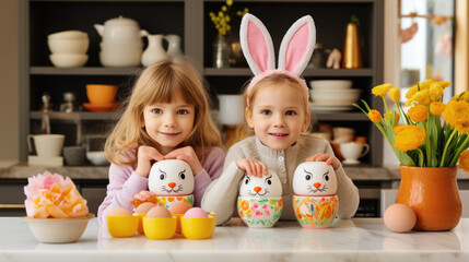 Fototapeta premium Young children with bunny ears and Easter-themed face stickers are smiling at the camera, surrounded by Easter eggs and decorations in a bright home kitchen setting