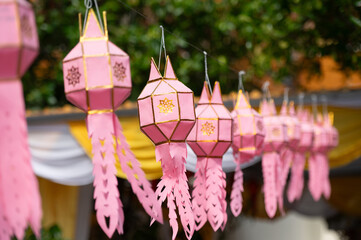 Selective focus of pink Yi Peng lanterns.
