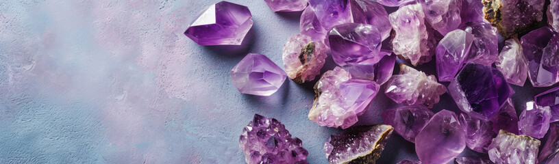 Amethyst crystal banner with concrete background with copy space, many beautiful purple gemstone close-up luxury backdrop. Concepts of spirituality and healing, precious gems and minerals collection - obrazy, fototapety, plakaty