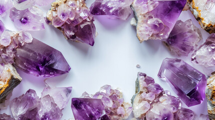 Amethyst crystal frame on white background with center copy space, beautiful shiny purple gemstone close-up luxury backdrop. Concepts of spirituality and healing, precious gems and minerals collection
