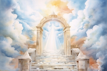 Stairway to heaven in glory, gates of Paradise, meeting God, symbol of Christianity, art illustration painted with watercolors