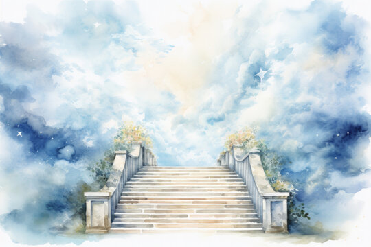 Stairway to heaven in glory, gates of Paradise, meeting God, symbol of Christianity, art illustration painted with watercolors