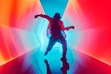 Man dancing hip-hop isolated on dark background in mixed neon light