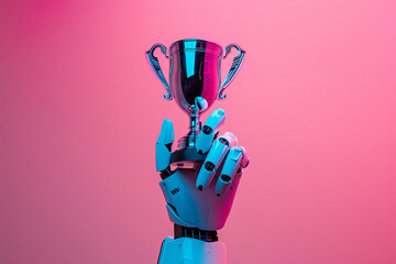 Robot's hand holds up a trophy. aigenerated. - obrazy, fototapety, plakaty