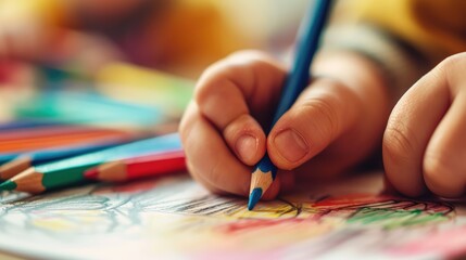 Naklejka premium A kid hand using colored pencils drawing on paper. Blurry kindergarten class as background...