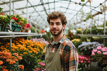 Fototapeta na wymiar Happy and smiling gardener in e greenhouse, Joy in work, passion for gardening, connection to nature concept 