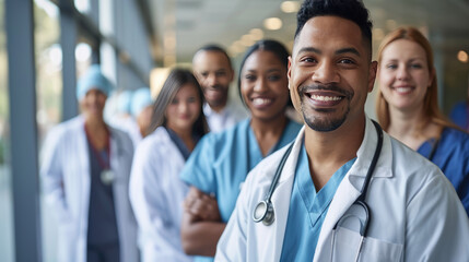 Diverse group of medical professionals, with a doctor in a white lab coat and stethoscope at the forefront, smiling at the camera.