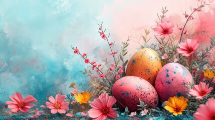 Easter egg in pastel colors illustration. Watercolor style. Beautiful Easter Egg with abstract flowers pattern inside. Copy space for text. For banners, children books, invitations. 