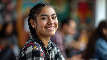 Obraz premium Joyful young artist with paint on her face and clothes is standing in a colorful art studio filled with paintings.