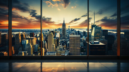 Cityscape seen through the large windows of a skyscraper. Elite real estate creates an amazing...