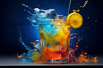 A colorful beverage with a vibrant mix of blue and yellow, accompanied by a touch of liquid dab. Generative AI