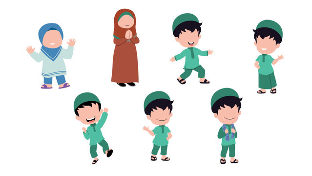 set cute isolated muslim characer. chibi style character design.