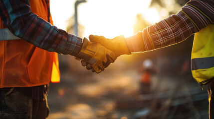 Two construction workers in safety gear engaging in a firm handshake