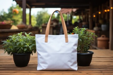 Eco cotton bag. Blank tote bag mockup no designs in front of bricks