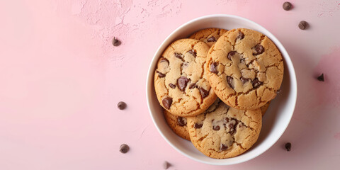 Top view of Chocolate Chip Cookies on kitchen background with copy space. Freshly baked chocolate chip cookie.