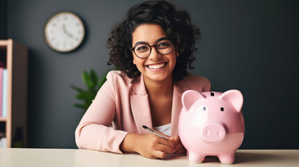 Cheerful young woman, wearing glasses ,sitting at a desk with a pink piggy bank