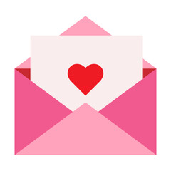 Pink open envelope with a letter inside, on a white background. Declaration of love, wedding invitation, congratulations on Valentine's Day.