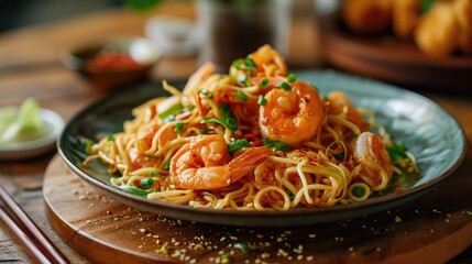 Fried noodle with fried shrimps as toping. served in the plate - obrazy, fototapety, plakaty