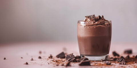 Chocolate Mousse Delight. Velvety chocolate mousse garnished with chocolate shavings and a mint leaf on grey kitchen background with copy space.