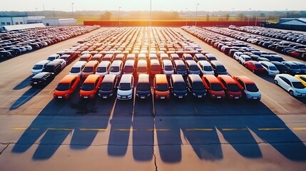 Aerial view of new cars stock at factory parking lot. 