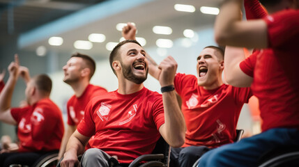 Group of athletes in red sports jerseys, all in wheelchairs, celebrating enthusiastically with raised fists and joyful expressions, likely after a victory in a sports event.