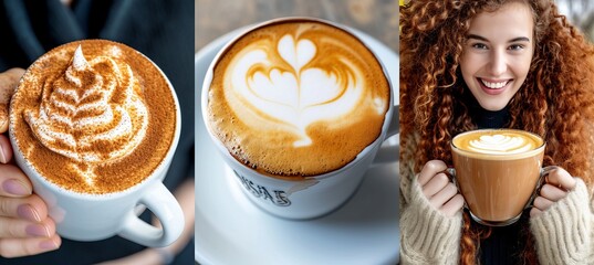 Stylish barista coffee shop collage, divided by white lines with bright white light ambiance