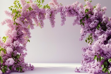 Arch made of beautiful lilac flowers on light background